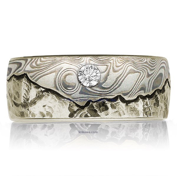 Mountain Wedding Band With Mokume Sky And Diamond