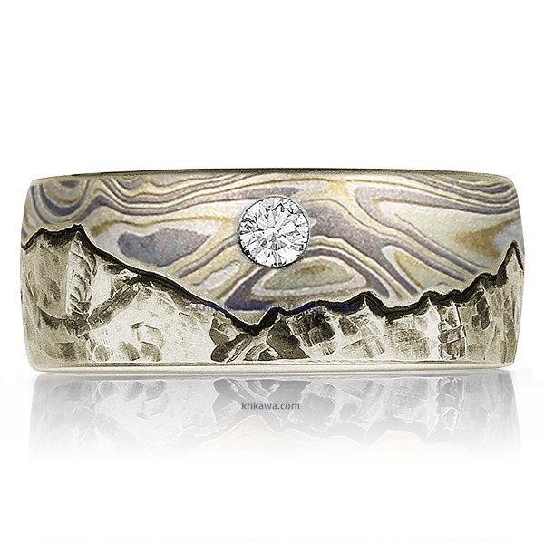 Mountain Wedding Band With Mokume Sky And Diamond