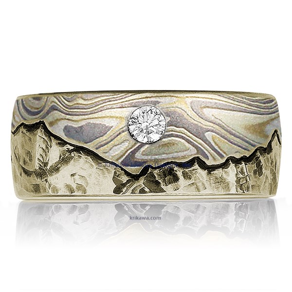 Mountain Wedding Band With Mokume Sky And Diamond