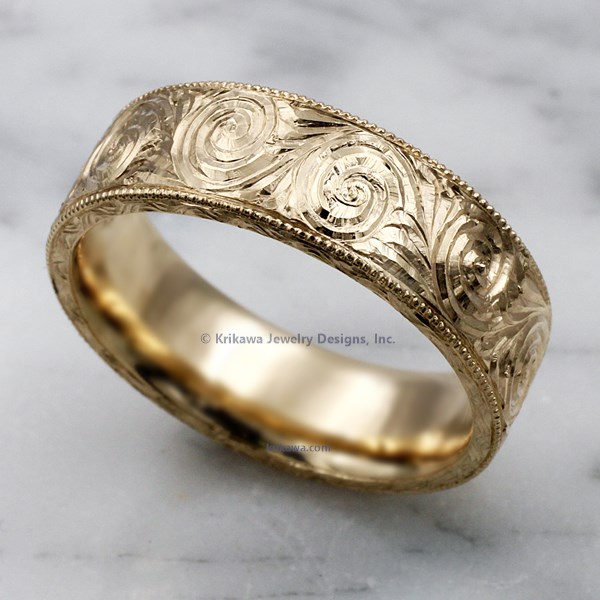 Two Tone Hand Engraved Mens Wedding Band In 14K Yellow Gold