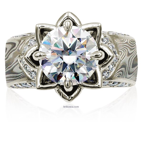 Embrace a love story embodied by the graceful lotus blossom, a symbol of purity and unwavering devotion. Our wider mokume gane ring design, adorned with accent diamonds, highlights the sculptural beauty of the lotus. 