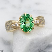 Mokume Blossom Engagement Ring with "Mint" Garnet - top view