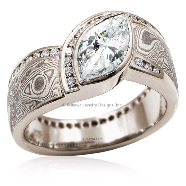 Mokume Wave Diamond Crossing Engagement Ring with blue diamond