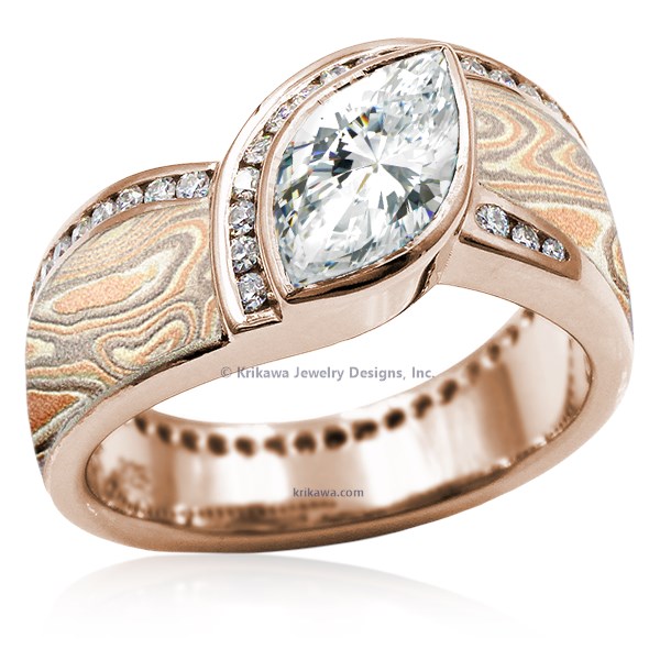 Mokume Wave Diamond Crossing Engagement Ring with blue diamond