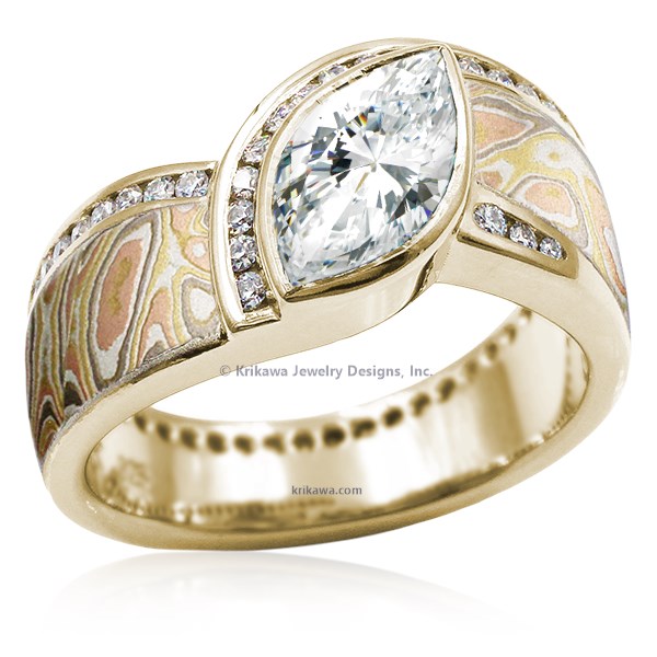 Mokume Wave Diamond Crossing Engagement Ring with blue diamond