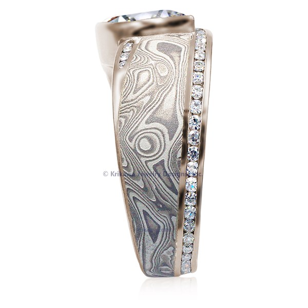 Mokume Wave Diamond Crossing Engagement Ring with blue diamond