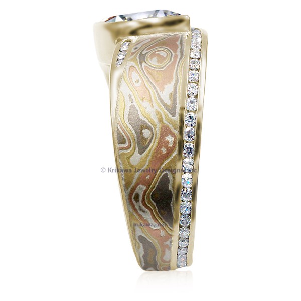 Mokume Wave Diamond Crossing Engagement Ring with blue diamond