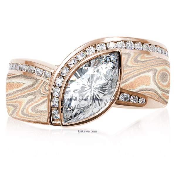 Mokume Wave Diamond Crossing Engagement Ring with blue diamond