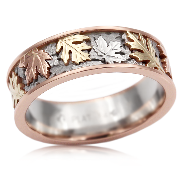 Custom Tricolor Wedding Band with Oak and Maple Leaves
