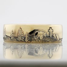 Nature Cross Bear Wedding Band in 14k Yellow Gold - top view