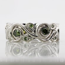 Green Diamond Platinum Vine and Leaf Wedding Band - top view