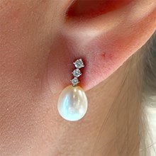 Three Diamond Pearl Drop Earrings - top view
