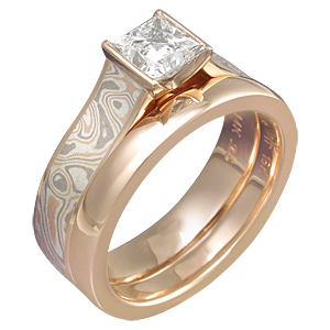 Rose Gold Engagement Ring and Wedding Band with Mokume