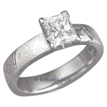 Mokume Solitaire Princess Engagement Ring with a High Polish