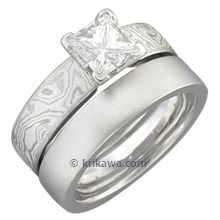Mokume Solitaire Princess Engagement Ring with a Plain Band