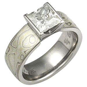 Mokume Princess Solitaire Engagement Ring Princess Cut Diamond in Mokume Engagement Ring