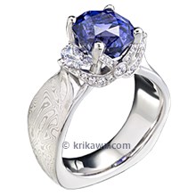 Mokume Ribbon Three Stone Engagement Ring with Blue Sapphire