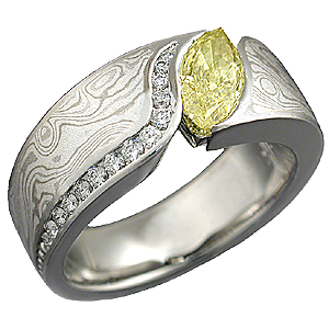 Mokume Wave Engagement Ring with Yellow Diamond