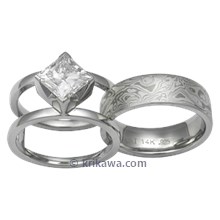 Modern Scaffolding Engagement Ring and Mokume Wedding Band in Platinum