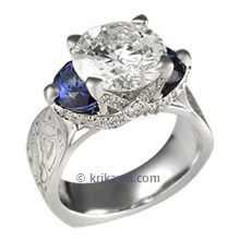 Mokume Ribbon Three Stone Luxury Engagement Ring with Blue Sapphire Half Moons