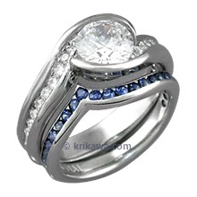 Carved Wave Engagement Ring with Blue Sapphire Contoured Wedding Band