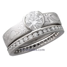 Mokume Solitaire Engagement Ring with Diamond Channel Brilliant Eternity Wedding Band