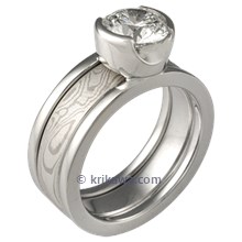 Modern Scaffolding Engagement Ring with Round Diamond and White Mokume Wedding Band 