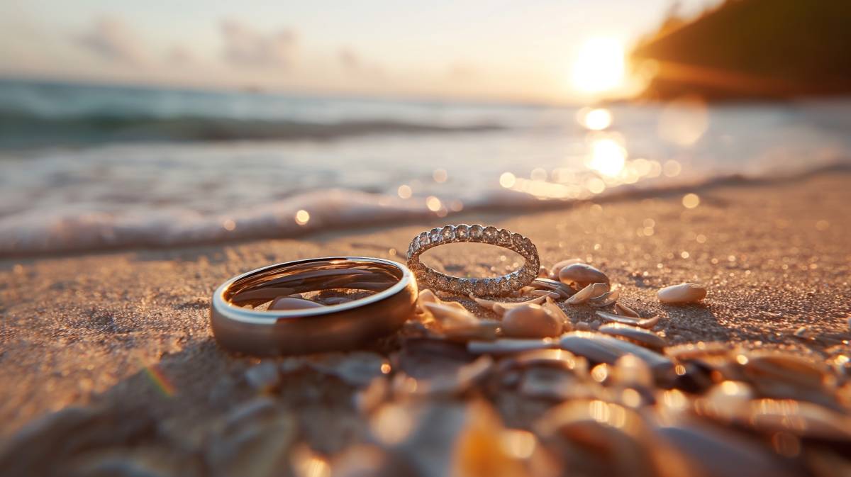 A pair of dream wedding rings posed on the beach in the sand, the waves and sky in soft blurry focus.