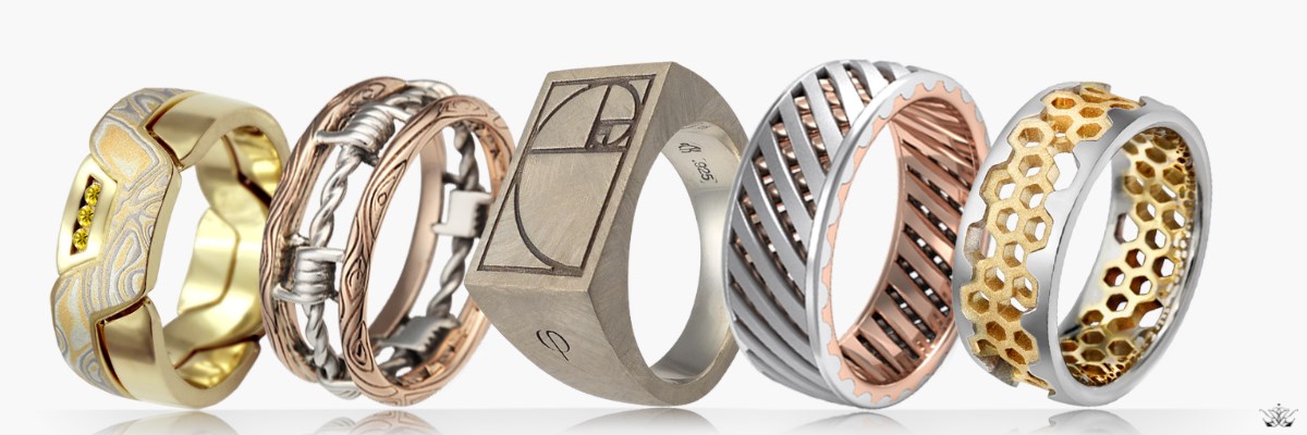Image showcases a variety of uniquely designed men's rings