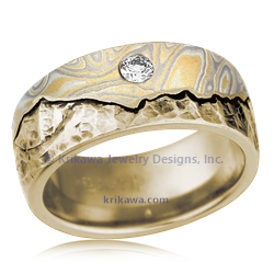 Mountain Wedding Band with Mokume Sky: 14k yellow gold with summer mokume and diamond accent