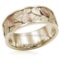 Two-Tone Birch leaf Wedding Band in 14k yellow gold with 14k rose gold applique