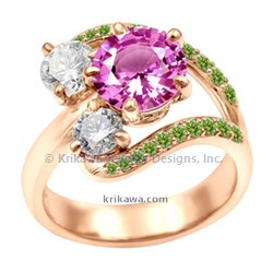 BWTE fantasy wave three stone 14k rg pink sapphire ice green accents