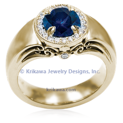 Carved Curls Halo no mokume with blue sapphire in 14k yellow gold