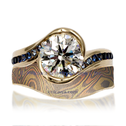Contoured Mokume Wedding Band - Trigold (Carved Wave ER)