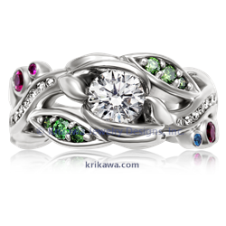 GTER  in 14k rose gold with Wht Dia centerstone. Green diamonds, white diamonds and Red/Blue Diamonds