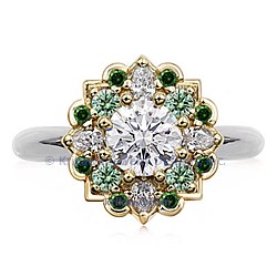 MANE 14kY Head PLAT Shank Green/White Diamonds