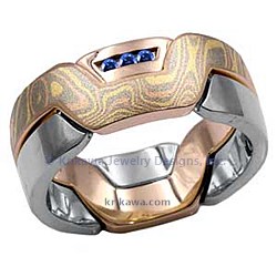 MAPR mokume accented puzzle ring trigold 14k rose liner platinum vivid blue diamond accents