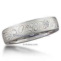 Mokume Wedding Band with Five Flush Round Diamonds