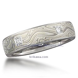 Winter Mokume Wedding Band with 5 Flush Princess Cut Diamonds