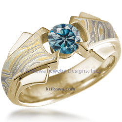 Bat Engagement Ring in 14k yellow gold and summer mokume with blue moissanite