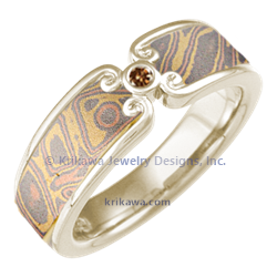 Mokume Wedding Band Curls - 14k yellow gold, trigold mokume and champagne diamond