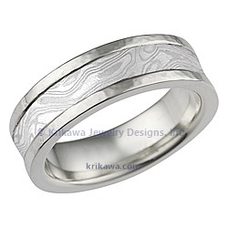 Iced Platinum Mokume Wedding Band with Hammered Rails in 14k white gold