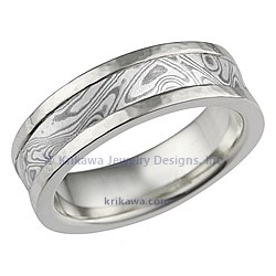 White Mokume Wedding Band with Hammered Rails in 14k white gold