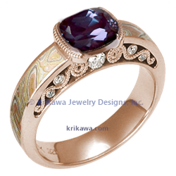 Mokume Curls with Elongated Alexandrite in 14k rose gold with autumn mokume and white accent diamonds