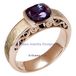 Mokume Curls with Elongated Lab Alexandrite Cushion in 14k Rose Gold with Autumn Mokume and black diamond accents