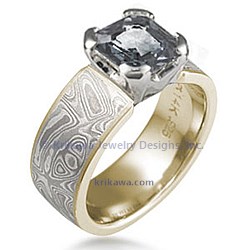 MEP4 platinum setting 14k yellow gold liner white mokume emerald cut gray spinel