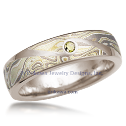 Mokume Wedding Band Flush Swirl with 14k white gold, winter mokume and green sapphire