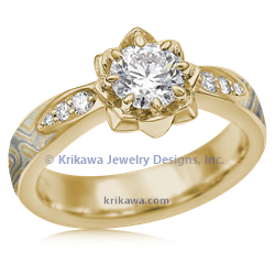 Mokume Blossom Engagement Ring in 18k yellow gold with summer mokume