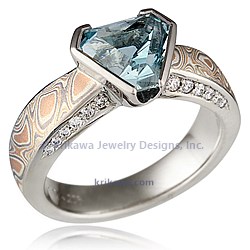 Trillion Silhouette Engagement Ring in white gold, Champagne Mokume and a beryl center stone
