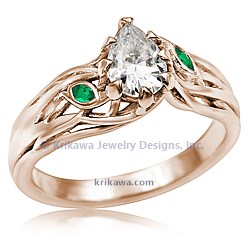 Diamond Leaf Tree Branch Engagement Ring with Emerald Accents